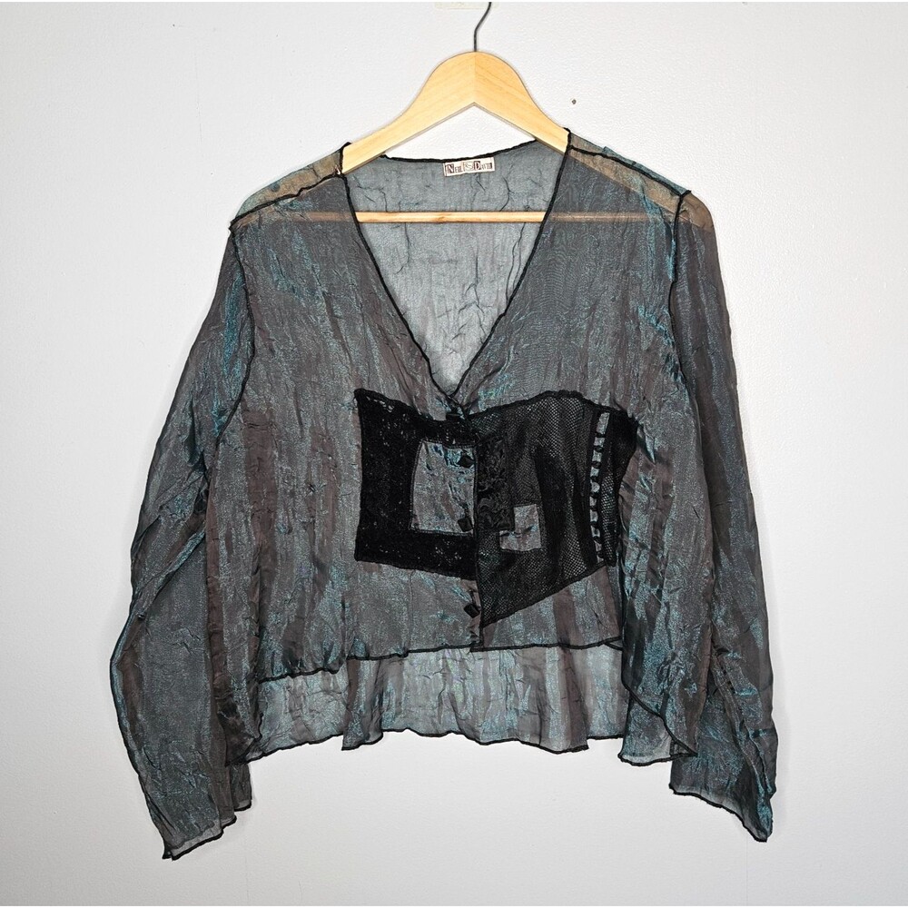 NEIL&DAVID Sheer Iridescent Crinkle Top Button Up OS Lagenlook Artsy Whimsygoth